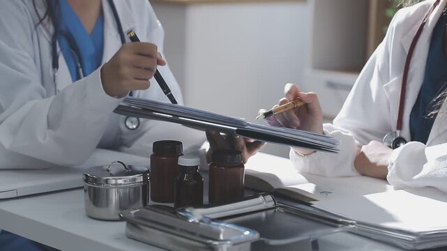 Team, medical analysts and doctors consulting with paperwork of graphs, data and charts in hospital conference room. Healthcare staff discussing statistics, results of research and innovation.