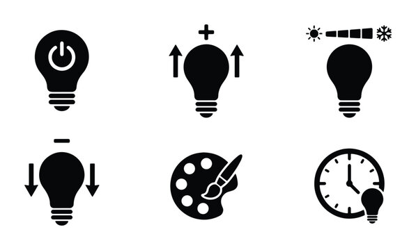 Lightbulb Icons Set: Power, Brightness, Color, Timer, and Control Elements, Vector Graphics for Innovation and Ideas
