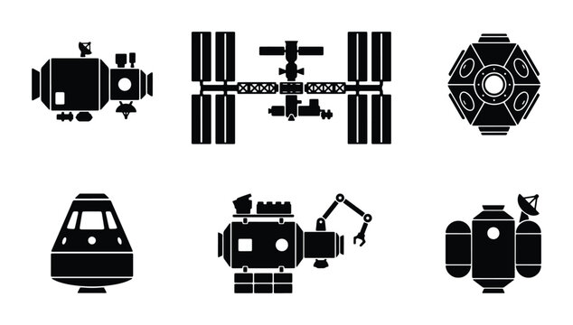 Space Station Modules, Rocket Components, and Satellite Icons: Vector Set for Aerospace and Technology Concepts