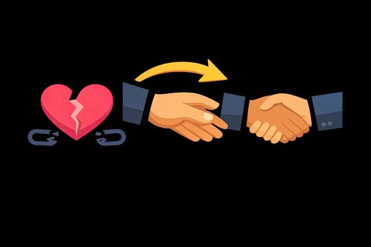 Two hands are shaking over a broken heart symbolizing sadness and despair