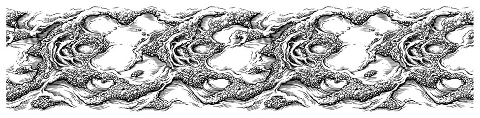Fototapeta premium Seamless horizontal banner with organic rock texture and dragon scales in detailed engraving style