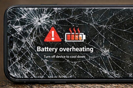 A broken cell phone with an overheating battery, useful for illustrations about technology gone wrong or warning signs