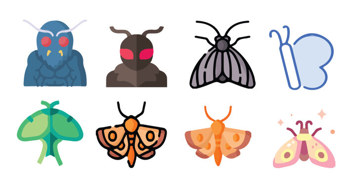Vector icon set of diverse moth illustrations featuring an abstract insect character portrait, a dark striped design, and vibrant orange geometric patterns