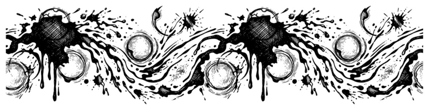 Abstract liquid flow with ink splashes and circular bubbles in detailed engraving style