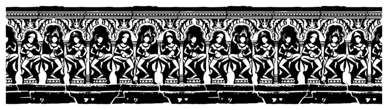 Ancient temple frieze with dancing figures and ornamental arches in woodcut style