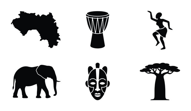 African Culture Icons: Guinea Map, Djembe Drum, Dancer, Elephant, Tribal Mask, Baobab Tree