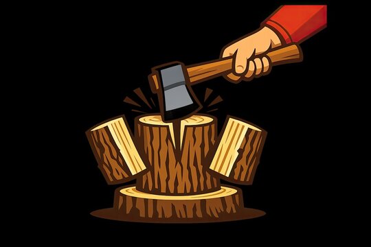 A person holds an axe over a decaying tree stump in a forest environment