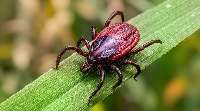 Macro photography of an Ixodes ricinus tick crawling on a green blade of grass in the forest