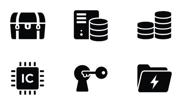 Technology Icons Set: Data Storage, Security, Computer Chip, Folder, Chest, Money Stack