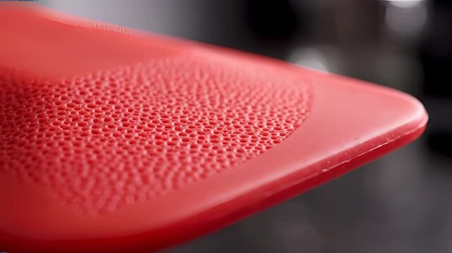 Closeup of a textured red surface with a repeating pattern.