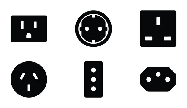 International Power Outlet Icons, Electrical Socket Symbols, Global Plug Types Set, Vector Graphics for Energy and Connectivity