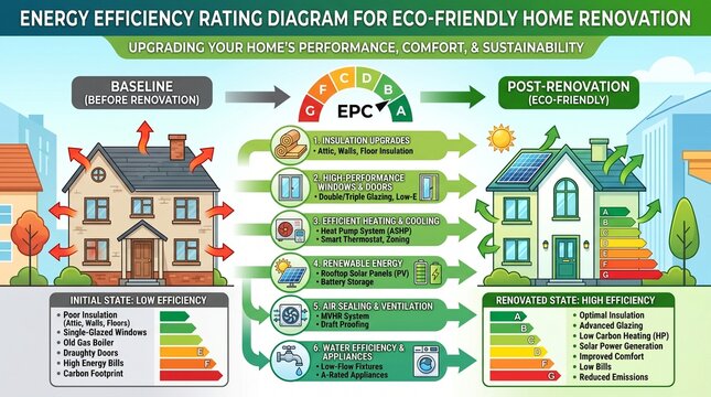 Eco friendly home renovation, energy efficiency rating diagram, sustainable house upgrade, EPC