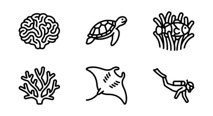Ocean Life Icons: Brain Coral, Turtle, Clownfish, Diver, Manta Ray, Vector Set © AbdullahAl