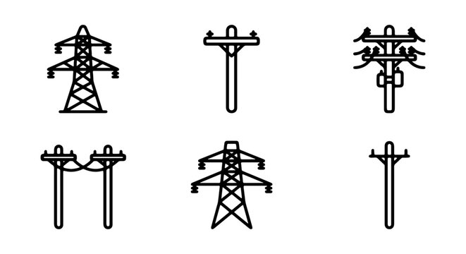 Power Line Icons: Electrical Pylon, Utility Pole, Transmission Tower Set