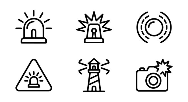 Alert Icons, Warning Signs, Lighthouse, Camera Flash, Emergency Signals, Security Vector Set