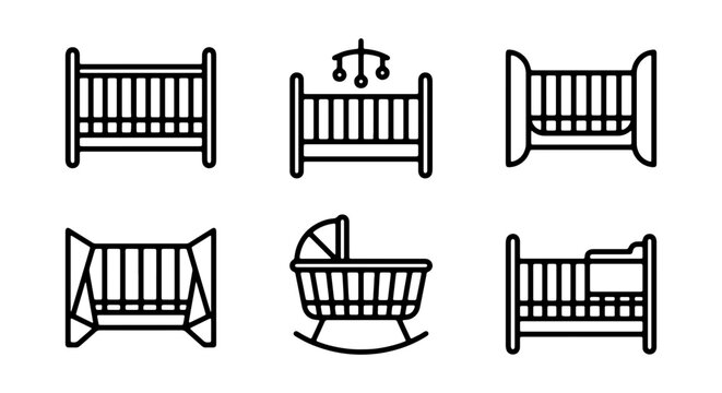 Baby Crib Icons Set, Nursery Bed Vector Graphics, Newborn Sleep Furniture Collection