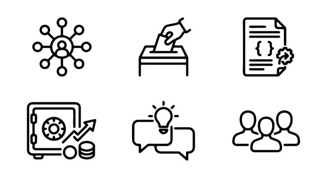 Business Icons Set: Network, Vote, Code, Finance, Idea, Teamwork, Vector Graphics