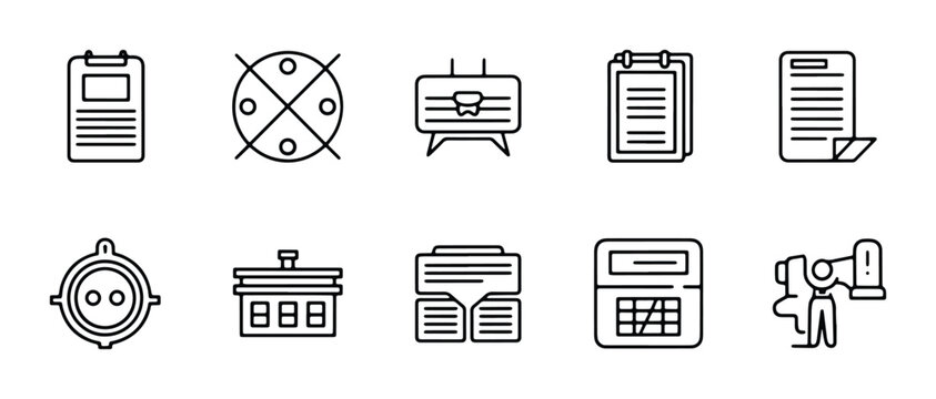Set of 10 Line Icons: Clipboard, Tic-Tac-Toe, Scoreboard, Document, Target, Calculator, Camera Operator, Business Symbols
