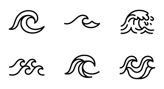 Minimalist Wave Icons Set, Ocean Water Swirls, Sea Surfing Symbols, Marine Design Elements
