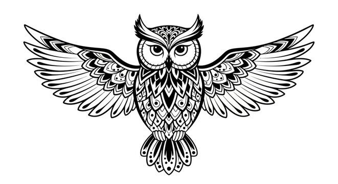 Intricate black and white owl with spread wings illustration