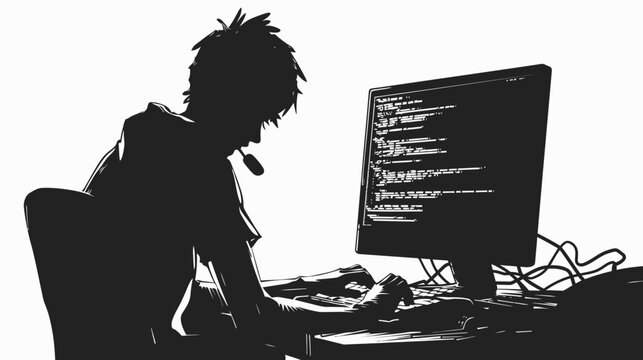 Silhouette of a person working on a computer coding with white background