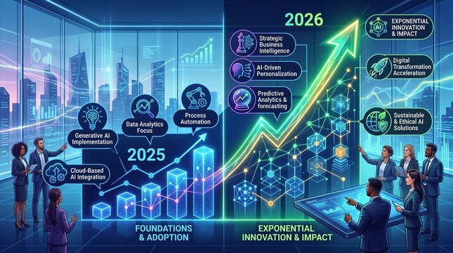 Futuristic business infographic, innovation growth chart, exponential technology graph, 2025-2026 projection