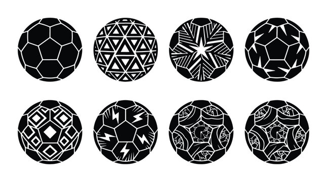 Set of 8 Geometric Soccer Balls, Abstract Sport Icons, Modern Football Patterns, Black and White Vector Graphics