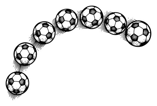 Soccer ball bouncing trajectory showing movement arc in vintage engraving style