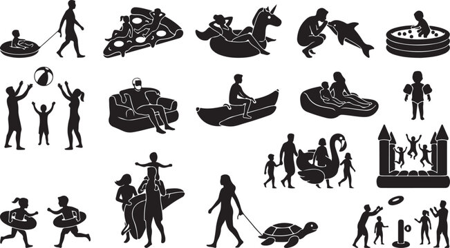 Kids and Family Playing with Pool Floats and Water Inflatables Silhouette Collection for Summer