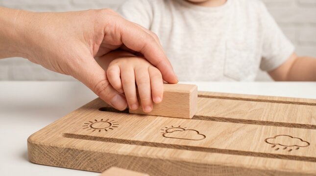 Adult hand gently guiding a baby hand to play with a wooden sensory weather board toy