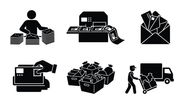 Postal Service Icons: Mail Sorting, Printing, Envelope Filling, Shipping, Delivery Truck, Package Handling Vector Set