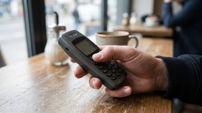 Close up of a man holding an old classic push button feature phone in a cafe