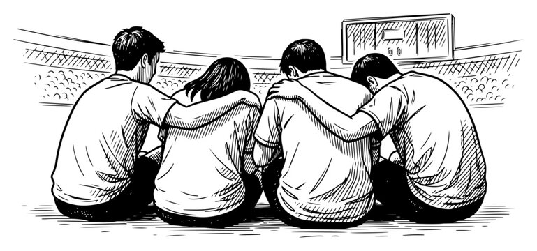 Sad sports fans sitting together in stadium in detailed engraving sketch style