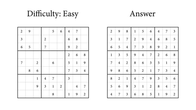 Easy Sudoku puzzle layout with answer key displayed beside it  