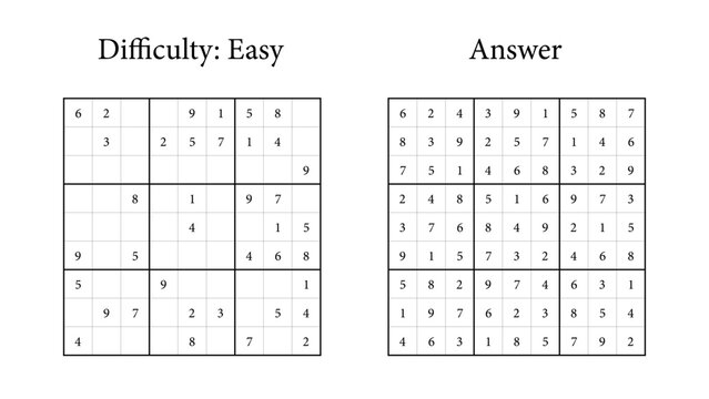 Easy Sudoku puzzle and solution grid with numbers and format  