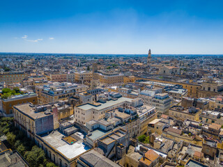 Obraz premium Aerial drone panorama of Lecce Old Town, historic Baroque cityscape in southern Italy with traditional Apulian architecture. Puglia city view
