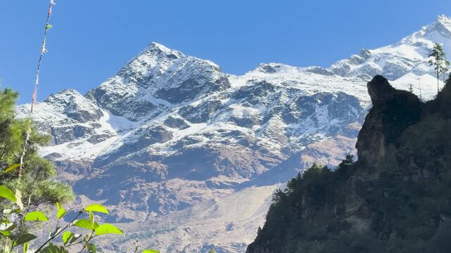 Thamserku mountain above pine forest in Himalayas, Nepal