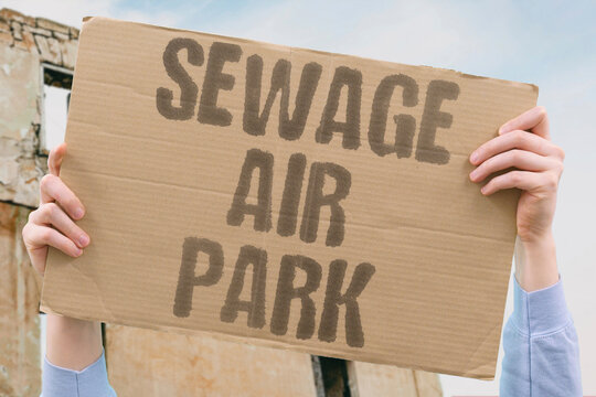 "Sewage Air Park" Sewage leaks bad air quality and park entrance fees measure public decline. SEWAGE. LEAKS. AIR. QUALITY. DECLINE.