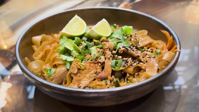 Authentic Pad Thai noodle bowl with lime and peanuts in Thailand