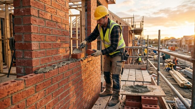 Construction worker building brick wall, bricklayer at sunset, yellow hard hat, safety vest