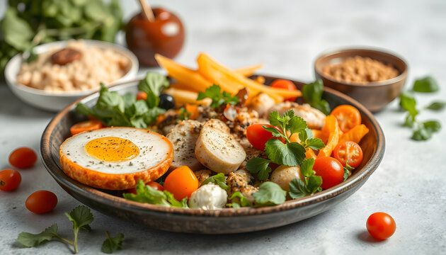 Assortment of healthy food for clean eating flexitarian mediterranean diet, magazine photoshoot. White tone