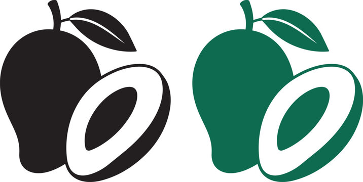 Vector illustration of black and green mango icons with slices mango