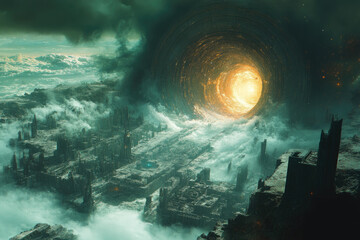 Naklejka premium Traversing the Vortex: A Retrofuturist Tale of Space Exploration