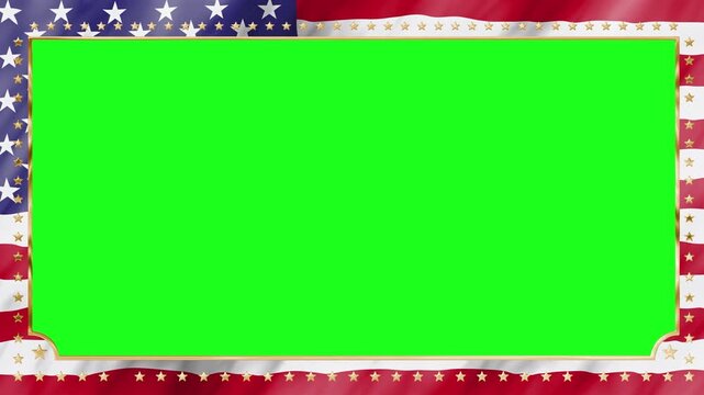 Patriotic American flag-themed border frame on green screen, perfect for compositing festive overlays into Fourth of July, election, or national holiday video productions