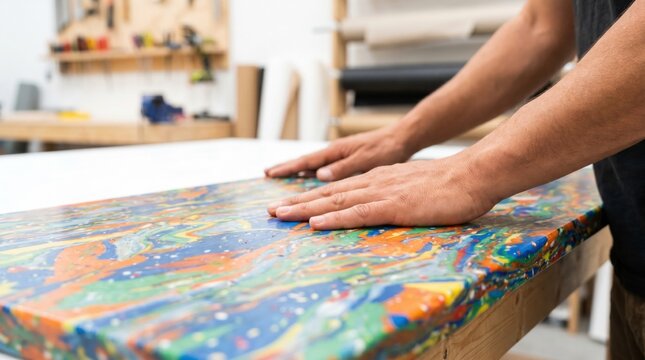 Artisan running hands over a colorful textured board made from melted recycled plastic