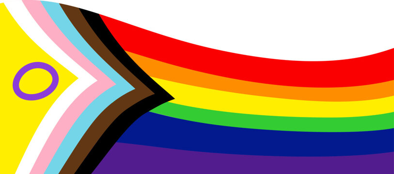 Waving progressive pride flag with intersex inclusive yellow chevron, dynamic flowing banner representing diverse lgbtq+ community identities, celebratory background design isolated on white