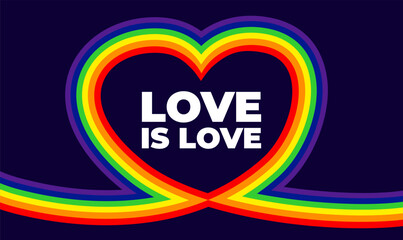 Fototapeta premium Minimalist love is love typographic banner with neon rainbow outline, elegant continuous line heart vector illustration on a dark background, poetic pride concept design