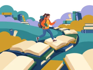 Fototapeten Beige A young traveler traverses a whimsical landscape made of open books, symbolizing the journey of knowledge and imagination through reading and exploration.  © Zihang