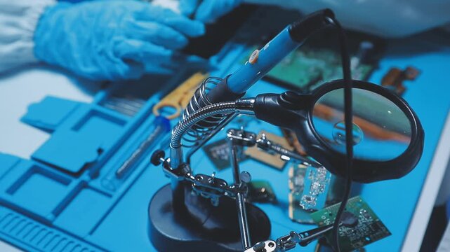 A close-up view of a technician wearing black gloves holding a computer processor chip while working on a laptop motherboard with a precision screwdriver.