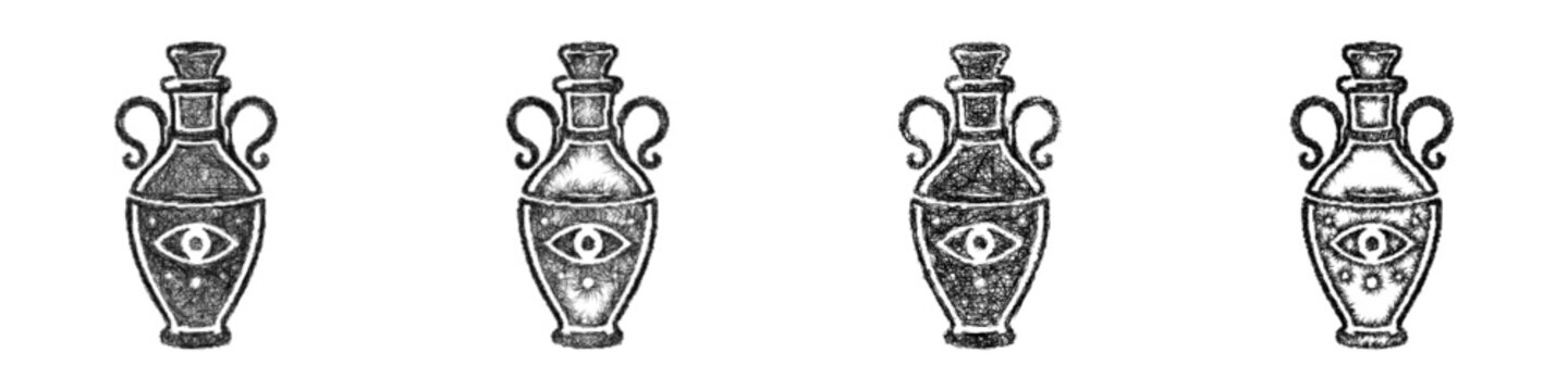 Monochrome sketch ancient elixir bottle icon design set